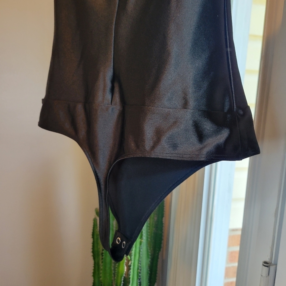 Express Off The Shoulder Black One-Piece Bodysuit, Size XS Shiny Satin Sexy - Picture 5 of 9